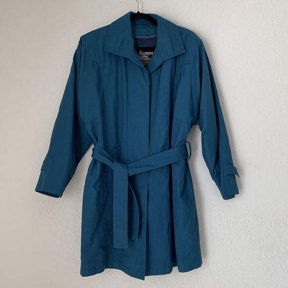 Vintage London Fog Trench Coat Women 10 Teal Blue Button Belt Liner Long Twee - Picture 1 of 12